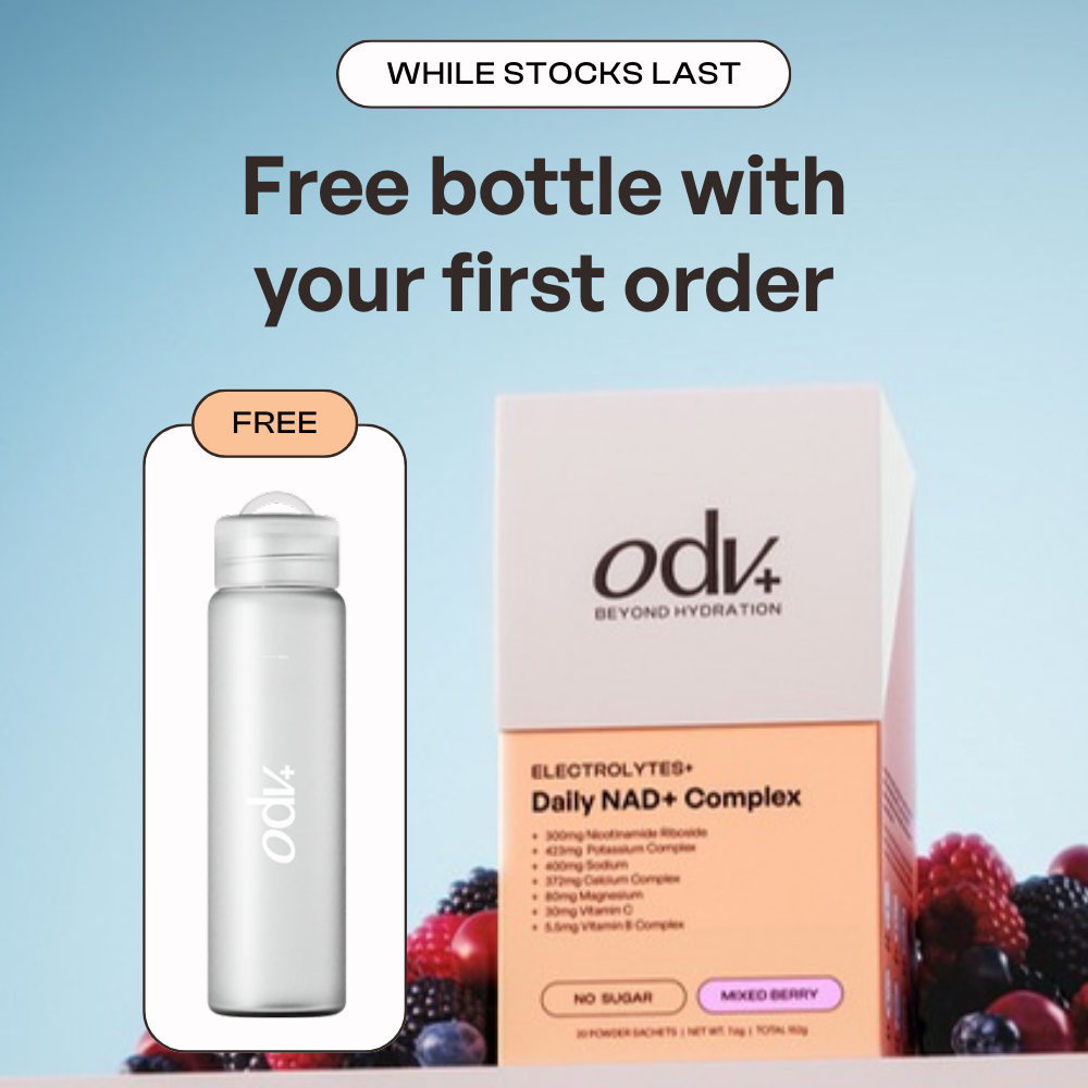 ODV4 hydration bottle and packaging with promotional text on a light blue background