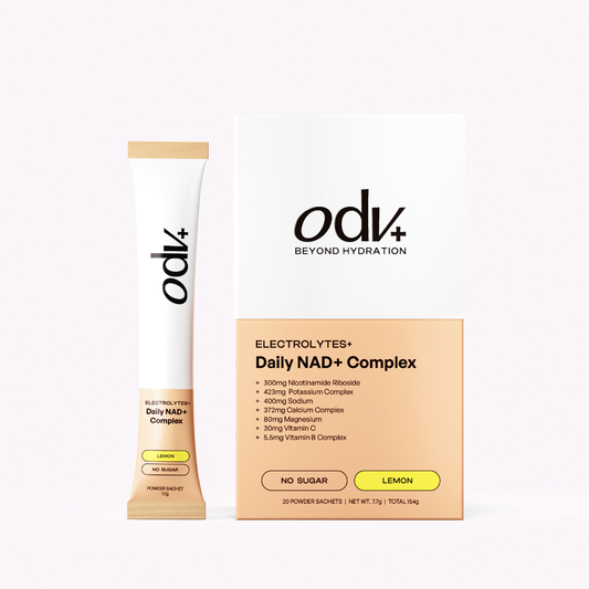 ODV+ electrolytes and daily NAD+ complex packaging on a white background