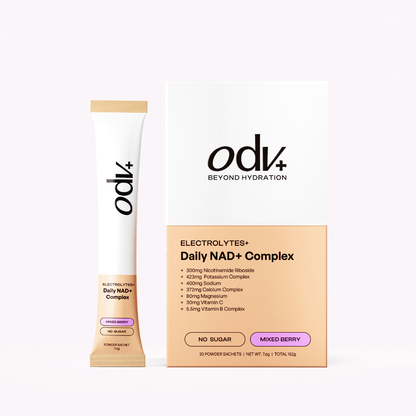 ODV+ electrolytes and daily NAD+ complex packaging on a white background