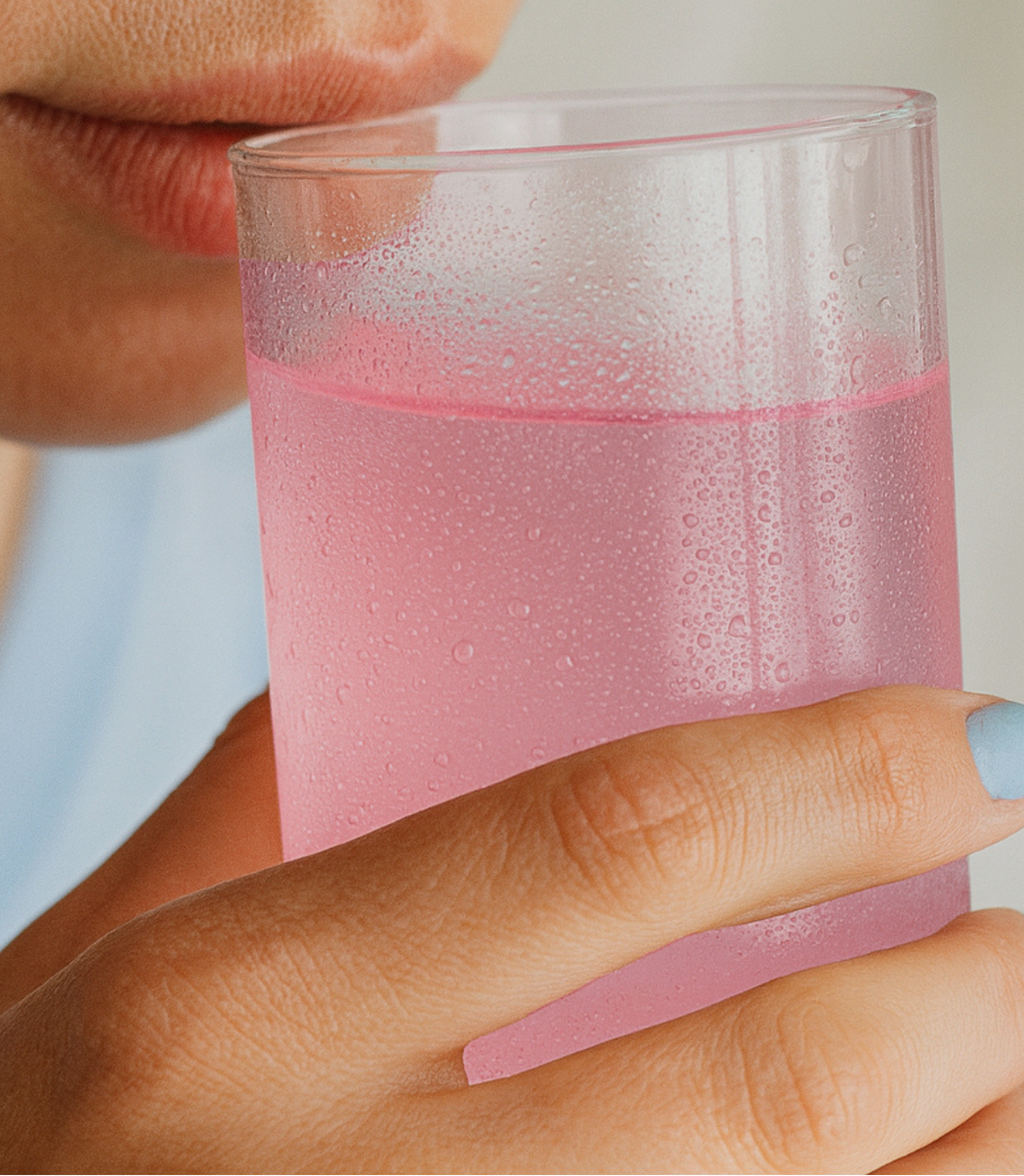 Person holding a glass of pink liquid with a blurred background