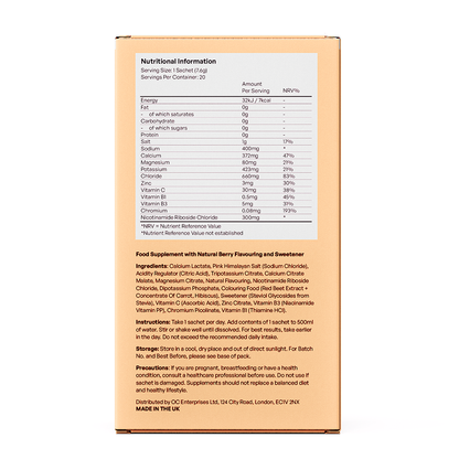 Nutritional information and supplement label on a product packaging box.